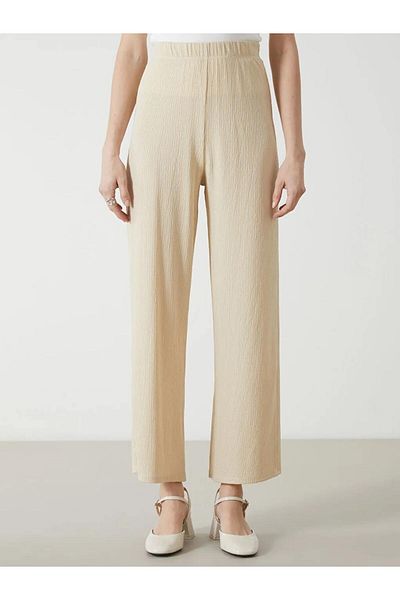 LC Waikiki Lcwaikiki Classic Beige Elastic Waist Textured Women's Trousers