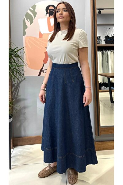 ARZU ÖZEL MODA ATÖLYESİ Yüksel Bel Cepli Uzun Kot Etek.