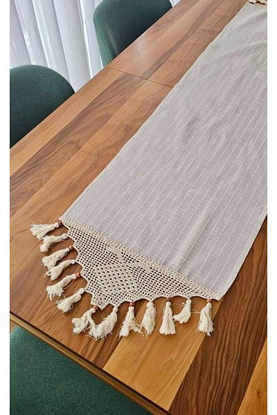 cottonstudio Husă de alergare cu ciucuri din dantelă tricotată manual, lucru Buldan Monika Şemene 45x150
