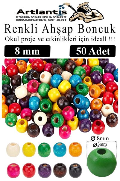 Artlantis Renkli Ahşap Boncuk 8mm 50 li 1 Paket Renkli Ahşap Boyalı Yuvarlak ...