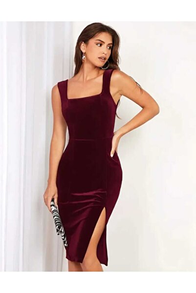 elissaa KALIN ASKILI KADİFE YITRMAÇLI MİDİ ELBİSE