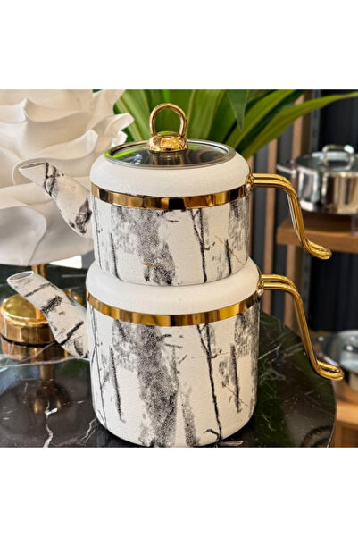 Sever Belariva Marble Mermer Desenli Granit Çaydanlık | Demlik Üst 1,25 L Çaydanlık Alt 2,25 L