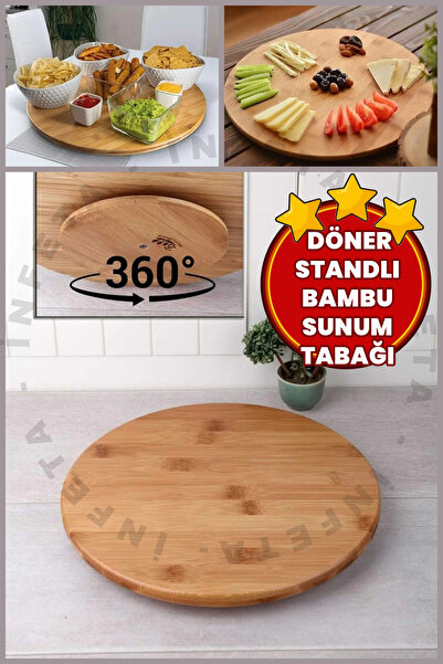 İnfeta Ahşap Bambu Döner Standlı Servis Sunum Tahtası |30 cm Pizza,Pasta,Peyn...