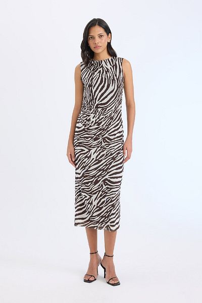 DeFacto Bodycon Body-Hugging Half Turtleneck Zebra Print Tulle Sleeveless Midi Dress E2903Ax25Sp