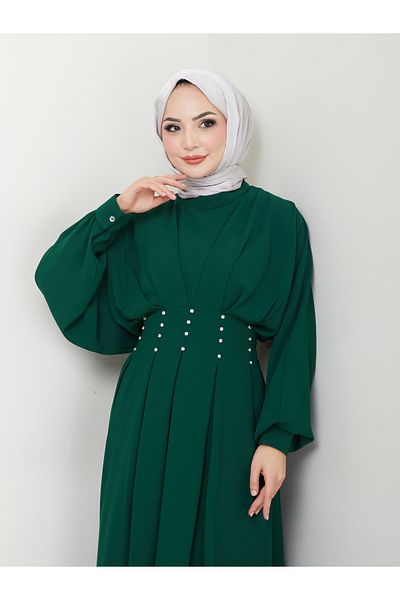 VOLT CLOTHİNG فستان نسائي بأكمام بالونية ومطوي بأحجار الراين