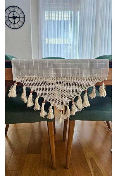 cottonstudio Husă de alergare cu ciucuri din dantelă tricotată manual, lucru Buldan Monika Şemene 45x150