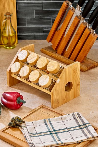 Mabeyn 8-Piece Glass Spice Rack Spice Set with Bamboo Stand and Bamboo Lid