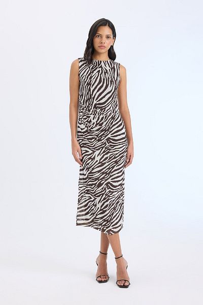 DeFacto Bodycon Body-Hugging Half Turtleneck Zebra Print Tulle Sleeveless Midi Dress E2903Ax25Sp