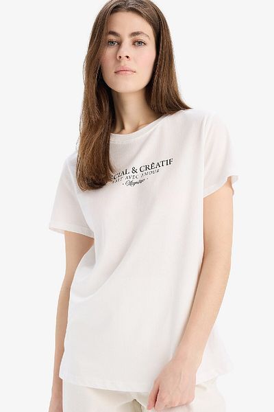 DeFacto Tricou alb cu mânecă scurtă din bumbac pieptănat cu imprimeu cu decolteu normal E2790ax25sp