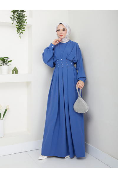 VOLT CLOTHİNG Women's Balloon Sleeve Pleated Stone Dress