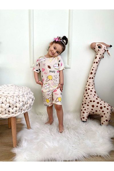 yagmurgiyim Ecru Kitten Patterned Girl's Pajama Set - 3-10 Years 6306