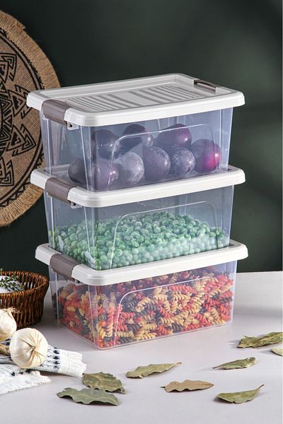 PİNK DESİGN KİTCHEN Plastic 3-Piece Horizontal Storage and Ration Container with Locking Lid 3 Liters