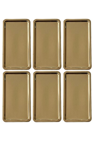 Kitchen Design Lab Paslanmaz Çelik Gold Renk Dikdörtgen Geniş Metal Düz Sunum Tepsisi Çay Kahve Tatlı Sunum 6 Adet