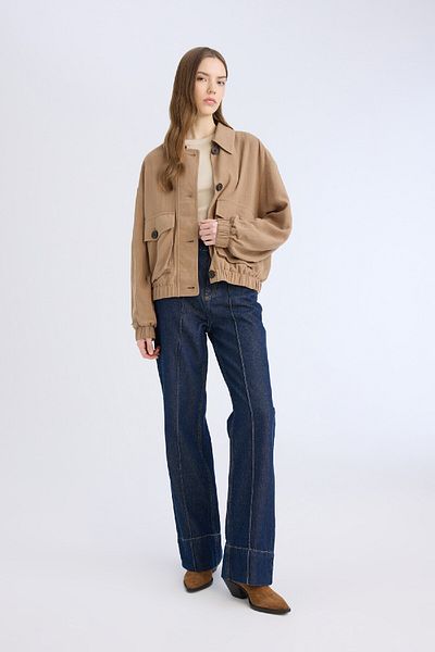 DeFacto Waterproof Regular Fit Polo Collar Cotton Lined Linen Blended Coat E3374Ax25Sp
