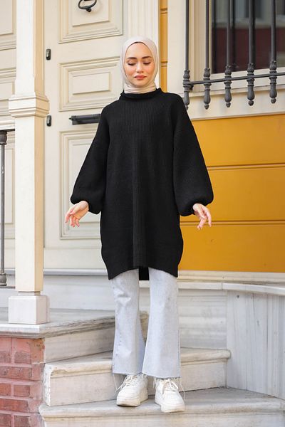 Sapha Women's Black Balloon Sleeve Knitted Knitwear Oversize Sweater Tunic