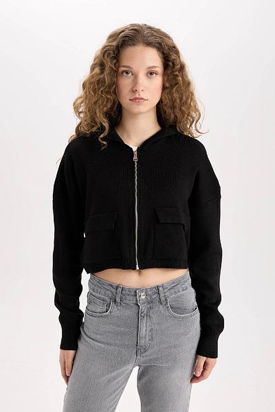 DeFacto Regular Fit Hooded Basic Plain Zippered Knitwear Cardigan E2270Axns