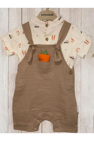 ALTINTAŞ BABY Car Patterned Muslin Baby Boy Salopet with Carrot Accessories