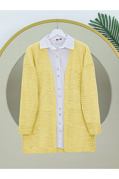 Modamorfo Yellow Openwork Seasonal Knitwear Cardigan