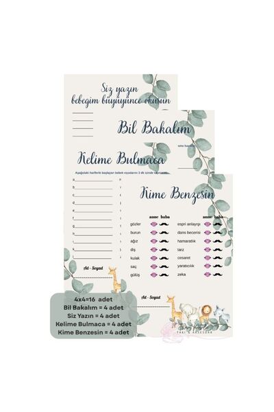 TWO PERLA Safari Temalı Baby Shower Oyun Kartları 4 Kişilik 16 Adet