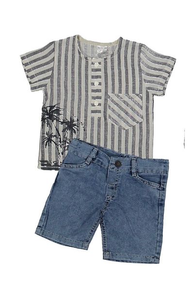 yagmurgiyim Mk Palm Shirt Boy's Short Sleeve Suit with Denim Shorts 6-10 Years Dark Blue Stripes 1158-L
