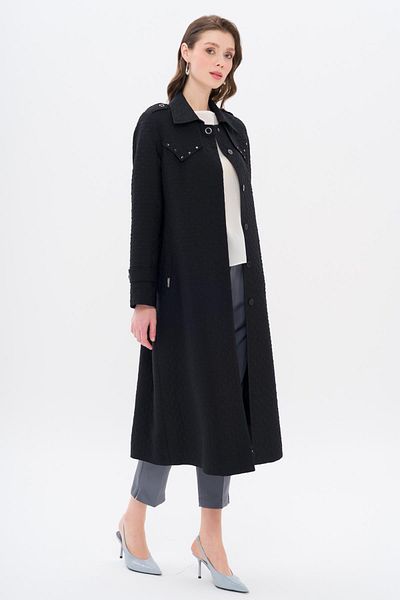 Olcay Studded Detailed Cloak - Quilted Patterned Lightweight Trench Coat Black 6705