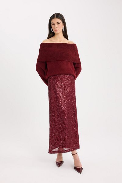 DeFacto New Year's Themed A-Line Regular Waist Sequined Fabric Maxi Skirt E2440Ax24Wn