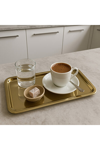 Kitchen Design Lab Paslanmaz Çelik Gold Renk Dikdörtgen Geniş Metal Düz Sunum Tepsisi Çay Kahve Tatlı Sunum 6 Adet