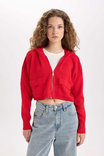 DeFacto Regular Fit Hooded Basic Plain Zippered Knitwear Cardigan E2270Axns