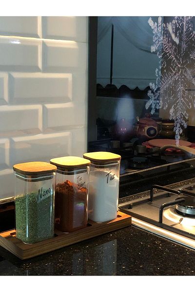 AR&MA WOOD Set of 3 300 ml Wooden Lid Spice Rack with Wooden Stand Bathroom Organizer Acrylic Storage Container