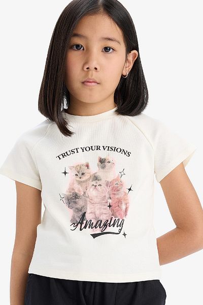 DeFacto Girl's Fitted Crew Neck Printed Short Sleeve T-Shirt E1825A825Sm