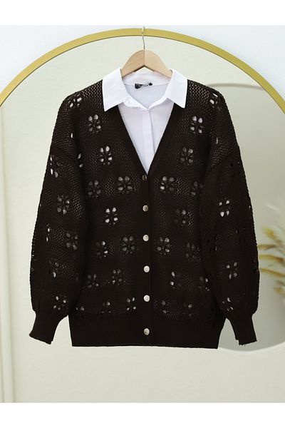 Modamorfo Buttoned Openwork Araboy Knitwear Cardigan -K. Coffee