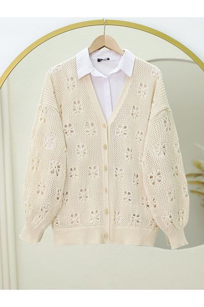 Modamorfo Buttoned Openwork Araboy Knitwear Cardigan - Cream Color