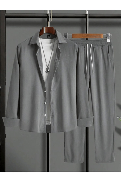 Baycombine35 Women's Men's Summer Linen Crinkle Fabric Long Sleeve Shirt 2 Piece Wrap Set