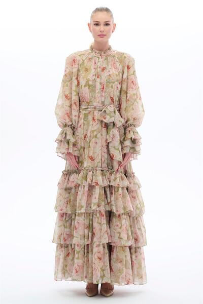 miha Hicran Önal ETEĞİ FIRFIRLI ELBİSE Yeşil