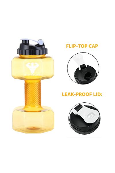 YALLA HomeGym زجاجة مياه رياضية على شكل دمبل، سعة 2.2 لتر، وزن 2.5 كجم، صفراء