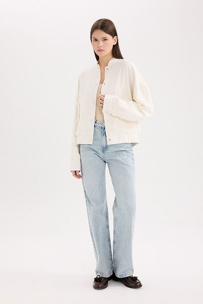 DeFacto Waterproof College Collar Snap Fastener Cotton Lined Linen Blended Jacket Coat E3386Ax25Sp