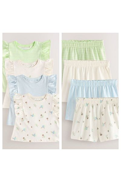 Next Baby Cotton White Floral Print Ruffle Short Sleeve Shorts Set of 4 Tops and Bottoms