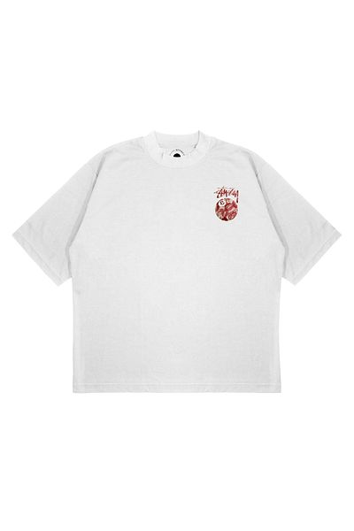 TRAGEDY Unisex Oversize Stussy 8 Pınk Kıss με στάμπα Boxy Fit Μπλουζάκι από χοντρό ύφασμα