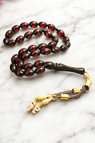 Atolyezone Erkek Sürmeli Kırmızı Toz Kehribar Tesbih Isimli Harfli Kutu Yazıl...