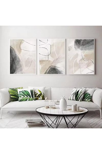 Linacci Set of 3 White Metal Frame Gray Cream Abstract Glass Painting