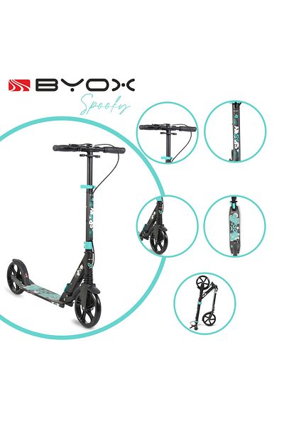 OEM Trotineta pliabila BYOX Spooky Turquoise , amortizor fata si frana de mana, varsta minima 8 ani