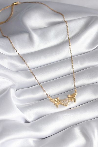 Store 316L Steel Gold Color Zircon Stone Winged Heart Model Women's Necklace