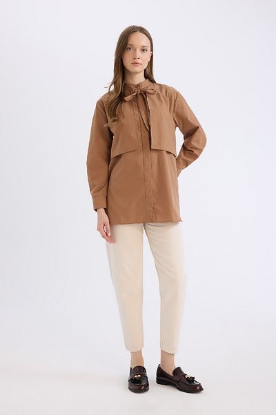 DeFacto Relax-Fit-Langarm-Tunika-Shirt mit Popeline-Schleifenkragen D4152AX25SP