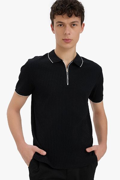 DeFacto Slim Fit Slim Fit Short Sleeve Ribbed Camisole Half Zip Black Polo T-Shirt D3948Ax25Sm
