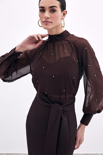 Sateen Stone Detailed Transparent Blouse, Cafe Sleeve Pond