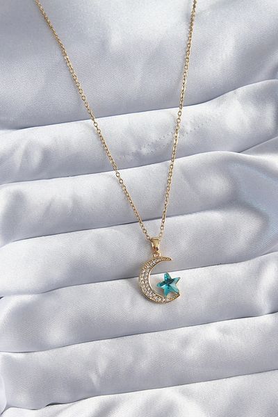 Store 316l Steel Gold Color Chain Zircon Stone Detail Crescent Star Figure Women Necklace