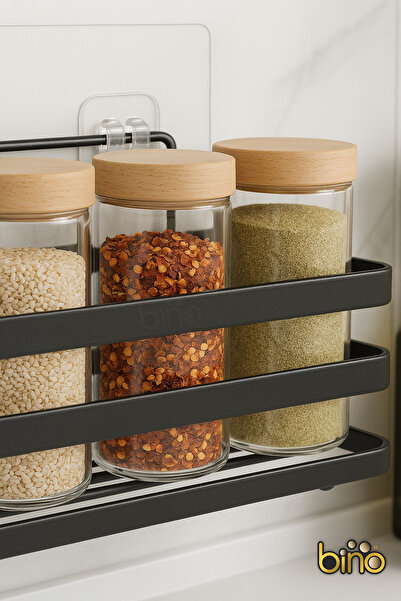Bino Mutfak Rafı Baharatlık 2 ADET Organizer Duvar Rafı Çok Amaçlı Düzenleyici Yapışkanlı Siyah Metal Raf