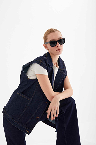 Perryes Kadın Yan Cep Detaylı %100 Pamuk Denim Yelek