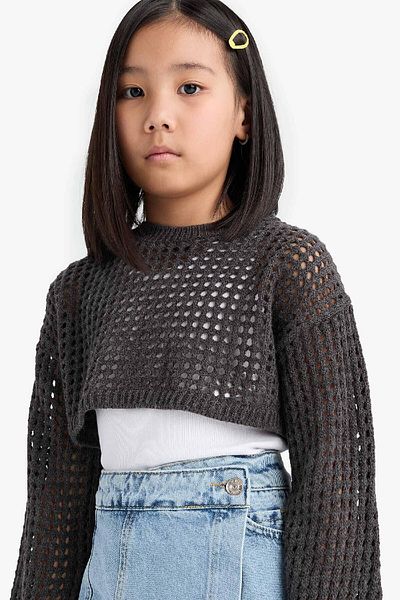 DeFacto Girl's Crop Crew Neck Openwork Sweater E4971A825Sm