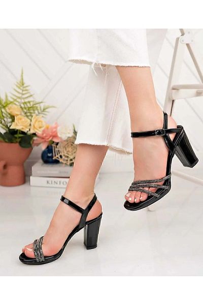 KOCAMANLAR İremsu Three Stripe Stone Detailed Thin Platform Women's Evening Dress Shoes Black